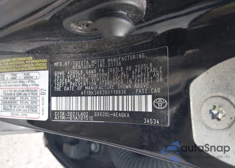 2006 Toyota Avalon Xls from USA, damaged, VIN 4T1BK36B26U118836